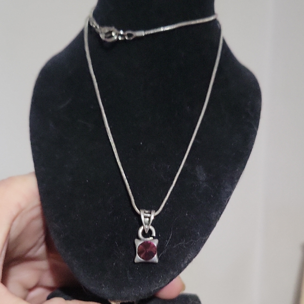 18" Silver Necklace with Red Gemstone